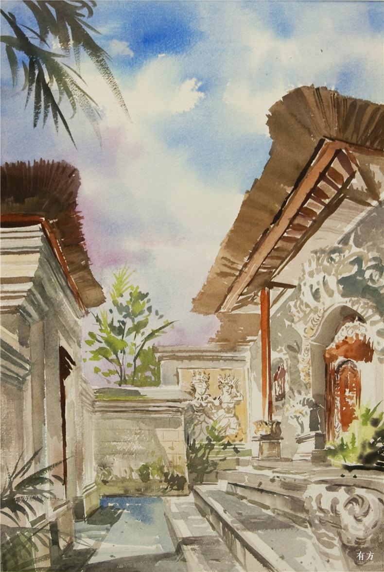 蔡总水彩画09-印尼小院