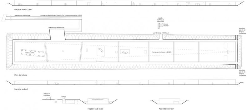 屋顶平面与立面. The Rivesaltes Memorial by Rudy Ricciotti and Passelac Roques 960x431