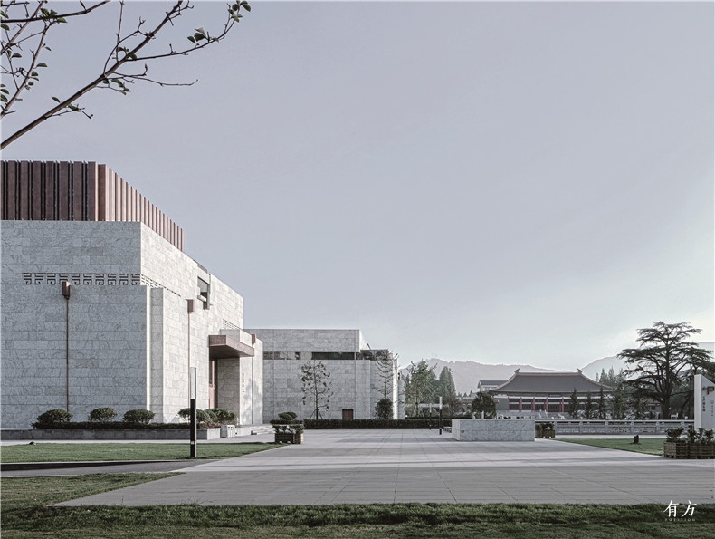 View of the old main hall and the distant mountain from the newly built cultural heritage gallery