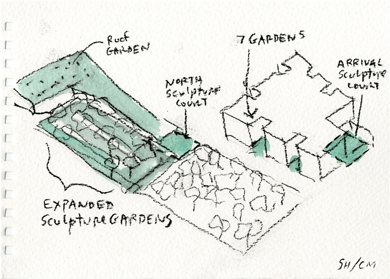 SHA Watercolor of Glassell School and Kinder Building Courtesy of Steven Holl Architects